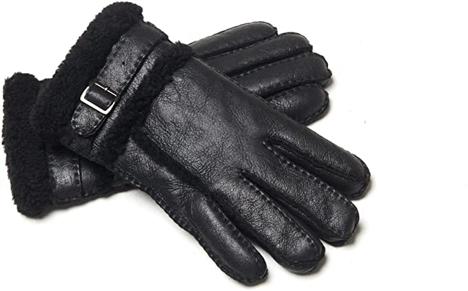 YISEVEN Men's Winter Shearling Sheepskin Gloves with Adjustable Buckle